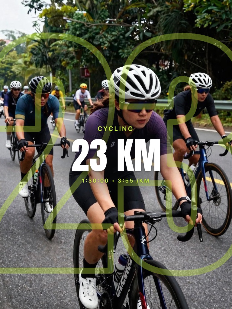 A cyclist leading a group on a wet road, with CYCLING, 23 KM and a time of 1:30:00 at 3:55 per kilometre
