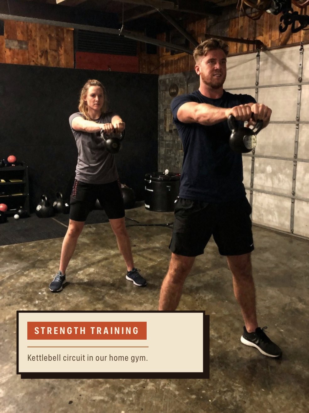 Two people mid kettlebell swing, labelled Strength Training with the note “Kettlebell circuit in our home gym”