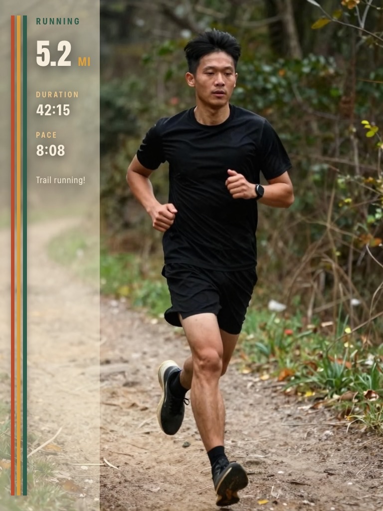A trail runner beside a tall panel reading RUNNING, 5.2 MI, a duration of 42:15, a pace of 8:08 and the note “Trail running!”