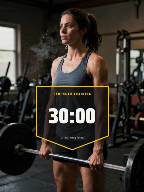 A lifter holding a barbell, with Strength Training, 30:00 and the note “Lifting heavy things” inside a gold frame