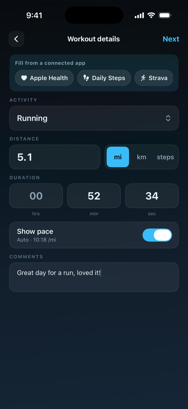 The FitSnap workout details screen, with chips for Apple Health, Daily Steps and Strava above fields reading Running, 5.1 mi and a duration of 52:34