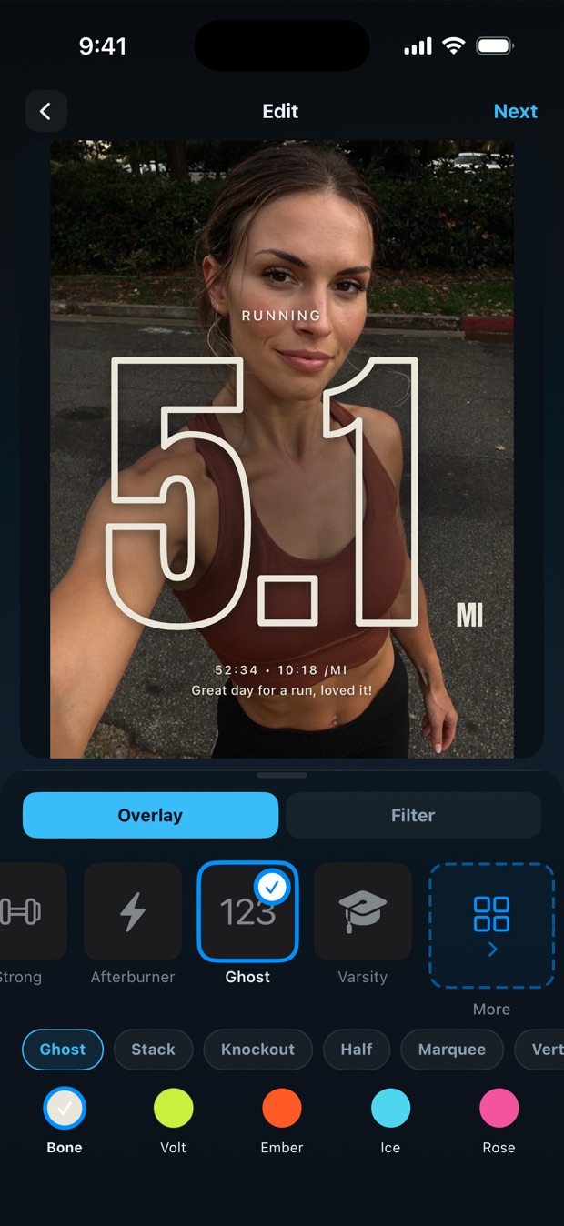 The FitSnap editor, with the Ghost theme and Bone palette selected under a running photo reading 5.1 MI