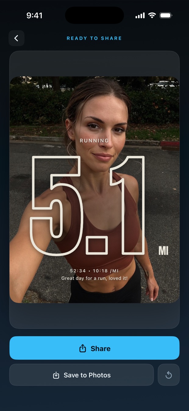 The finished photo on the FitSnap share screen, headed READY TO SHARE, with Share and Save to Photos buttons below it